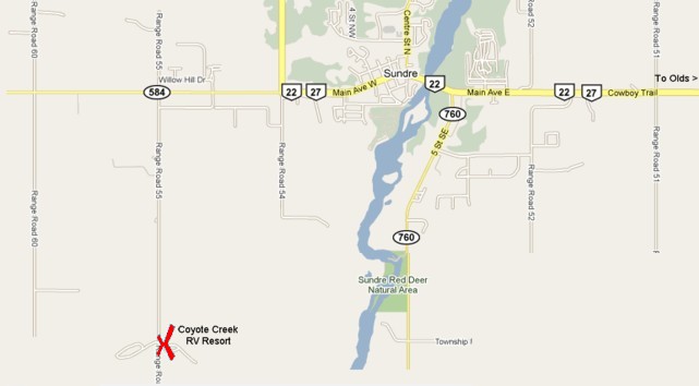 Map to the Coyote Creek RV Resort, west of Sundre, Alberta.